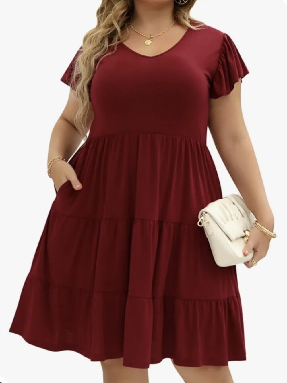 Womens Ruffle Sleeve Tiered Casual Summer Loose Swing Midi Dress Pockets Wine 16